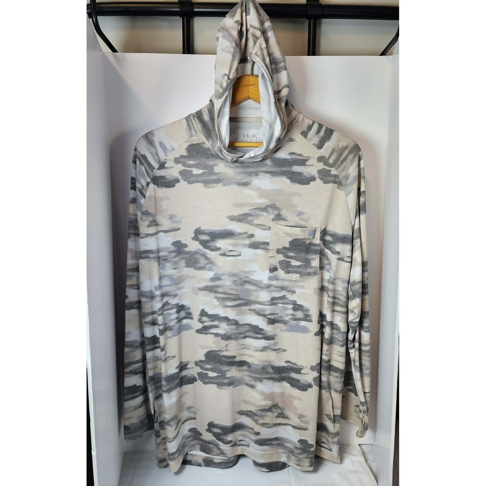Huk Mens Camo Hooded Long Sleeve Fishing Shirt Tan Gray Large Pocket Pullover